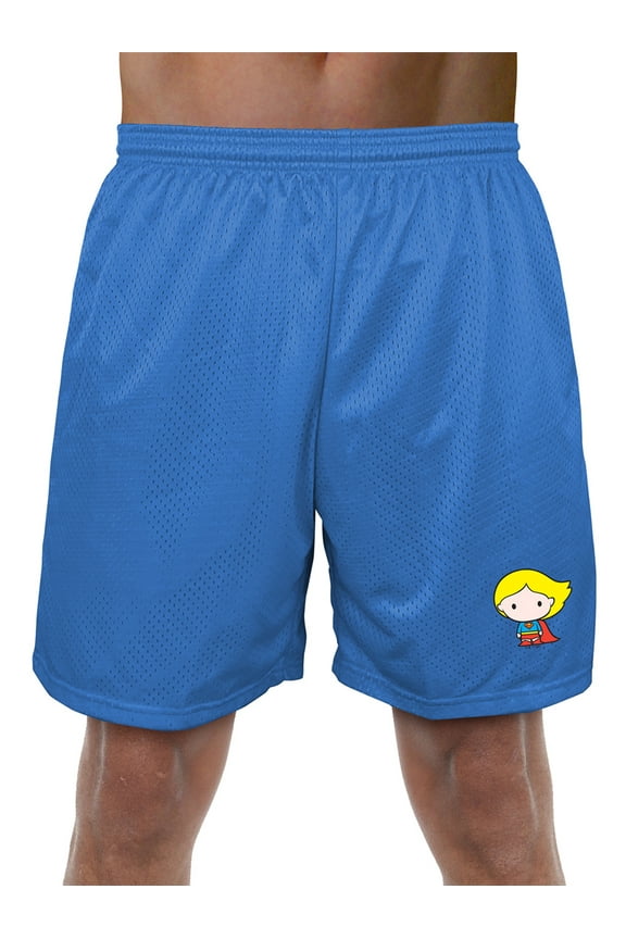 Superman Supergirl Cute Chibi Character Mens Lined Mesh Shorts, Royal, Medium