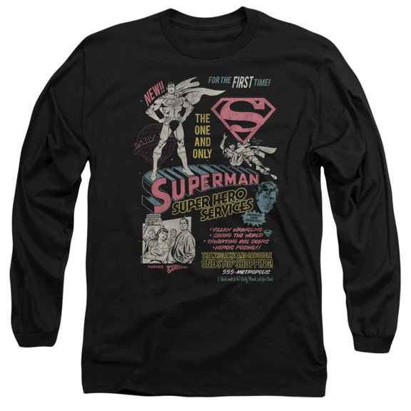 Superman Superhero Services Unisex Adult Long-Sleeve T Shirt, Black, 3X-Large