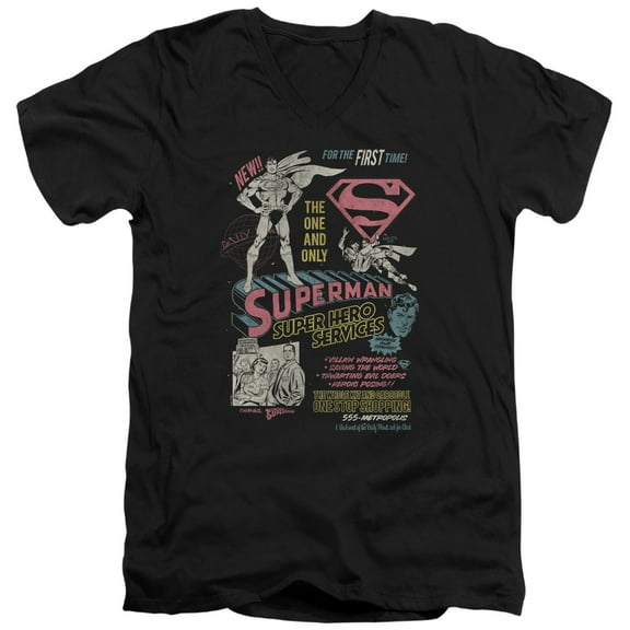 Superman Superhero Services Unisex Adult V-Neck T Shirt (Large) Black