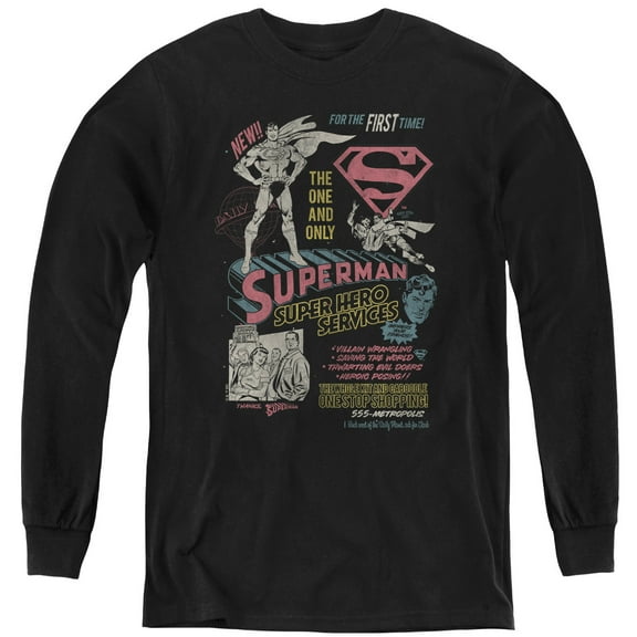 Superman Superhero Services Youth Long Sleeve T Shirt, Black, Large