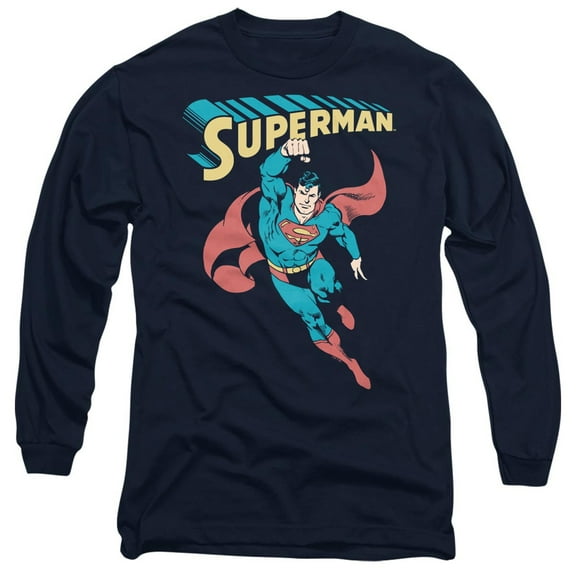 Superman Superhero Unisex Adult Long-Sleeve T Shirt, Navy, Medium
