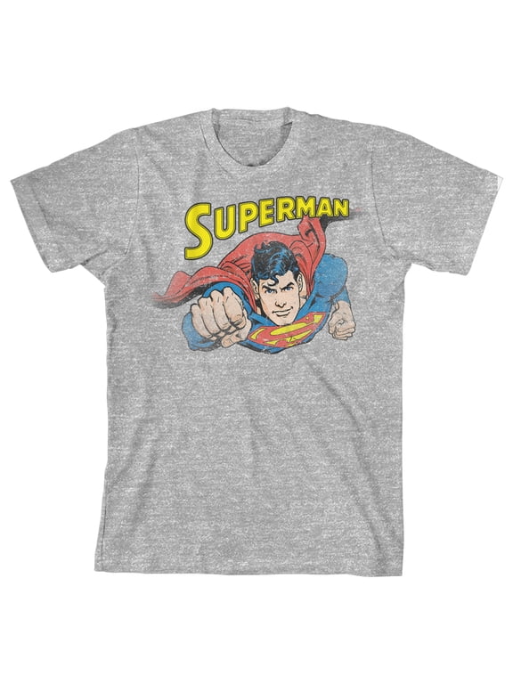Superman Superhero in Flight Vintage Art Boy's Athletic Heather T-shirt-Large