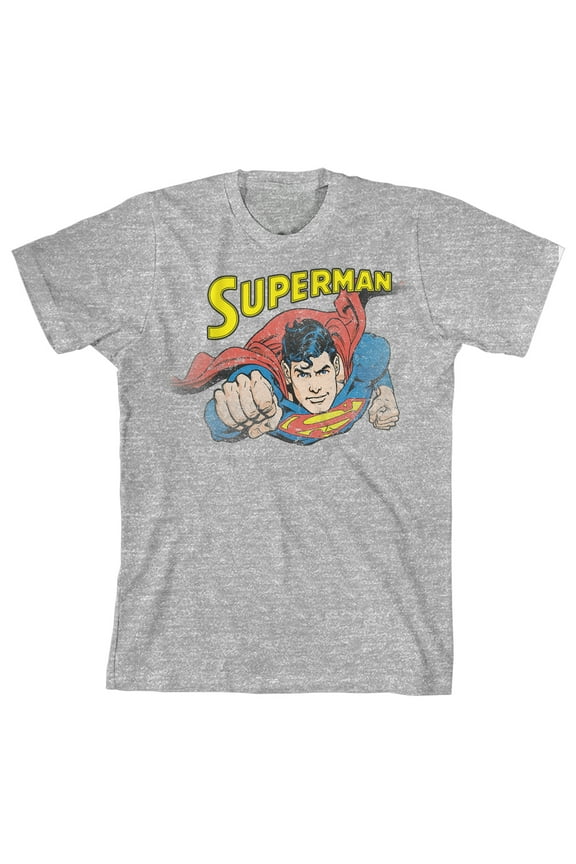 Superman Superhero in Flight Vintage Art Boy's Athletic Heather T-shirt-Small