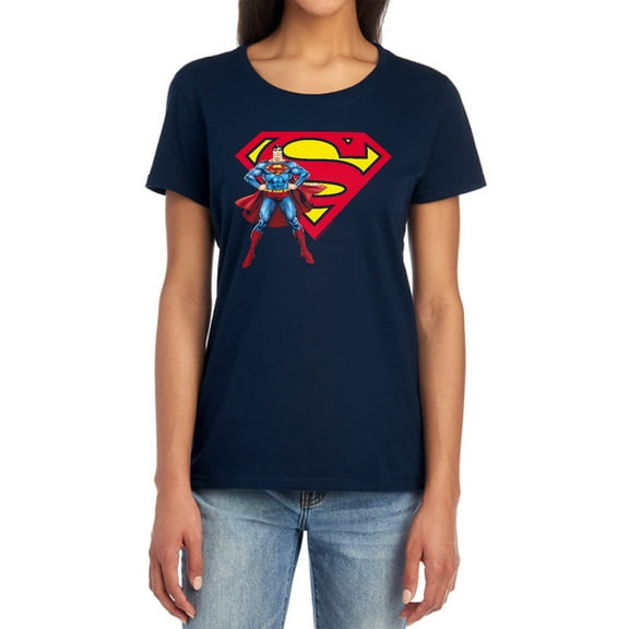 Superman Superman & Logo Women's T Shirt, Navy, Medium