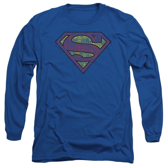 Superman Tattered Shield Long Sleeve Adult 18/1 T-Shirt Royal Blue