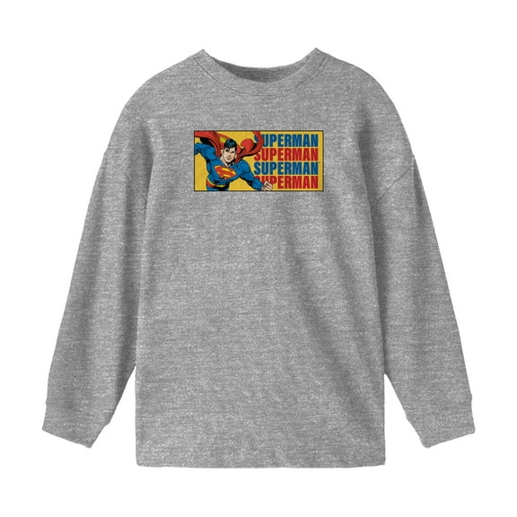 Superman Text Repeated Boy's Heather Grey Long Sleeve Shirt-Medium