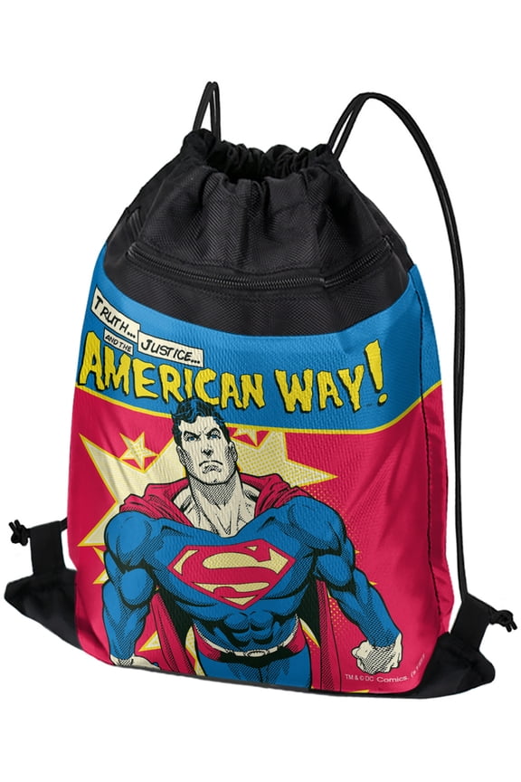 Superman The American Way Drawstring Backpack Sports Bag Sackpack 17" x 13", Perfect for Gym, Yoga or Practice