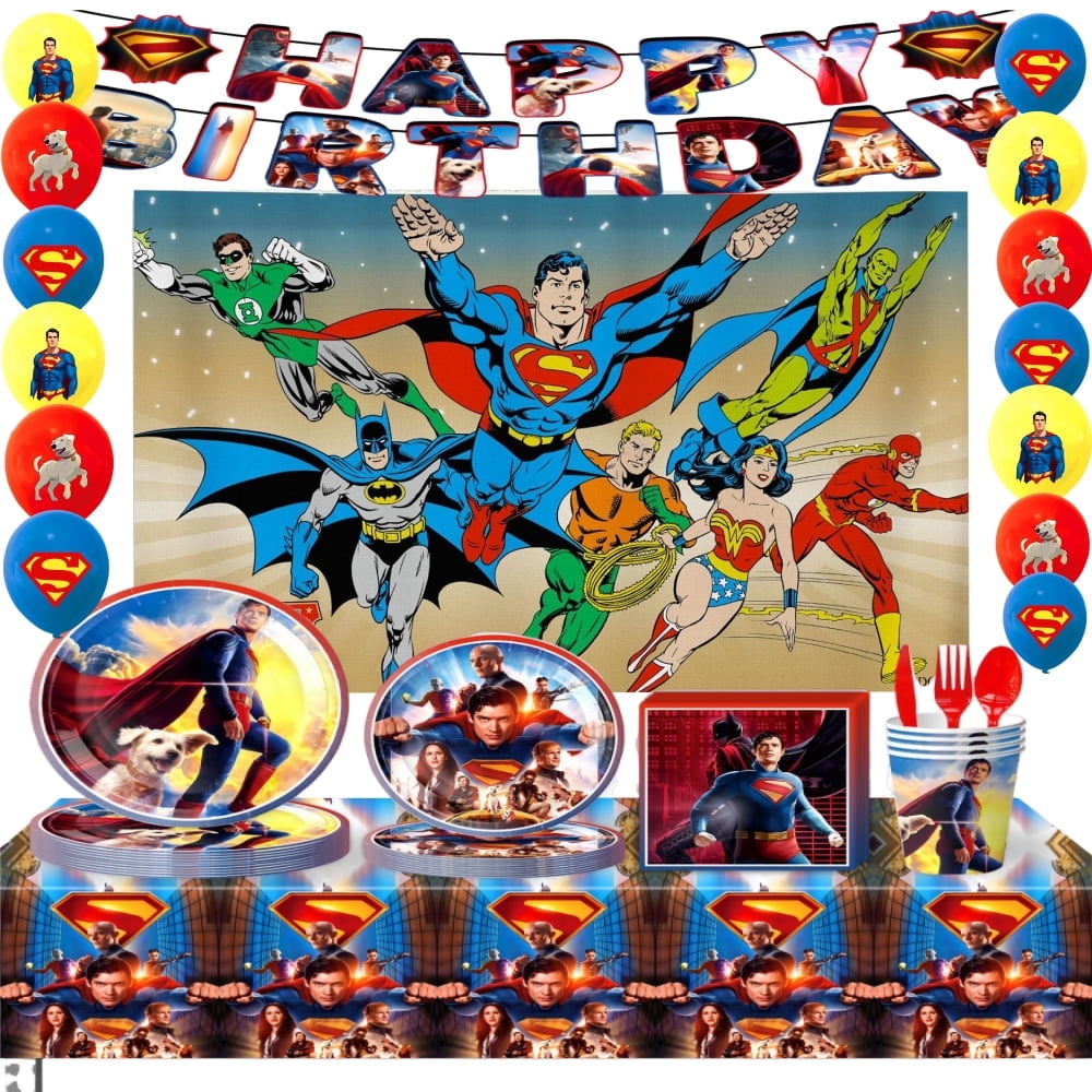 Superman Theme Party Decorations Tableware Set , 125PCS Anime Birthday Plates and Cups Napkins Tablecloth Birthday Decorations Tableware