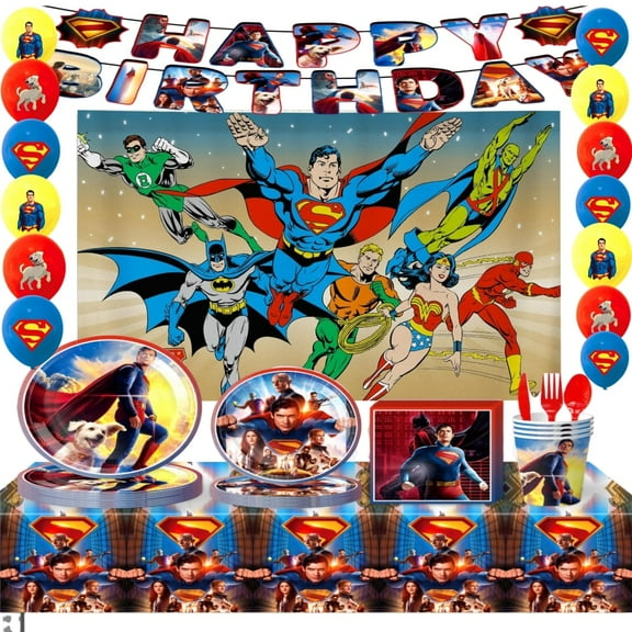 Superman Theme Party Decorations Tableware Set , 125PCS Anime Birthday Plates and Cups Napkins Tablecloth Birthday Decorations Tableware
