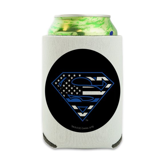 Superman Thin Blue Line Flag Shield Logo Can Cooler - Drink Sleeve Hugger Collapsible Insulator - Beverage Insulated Holder