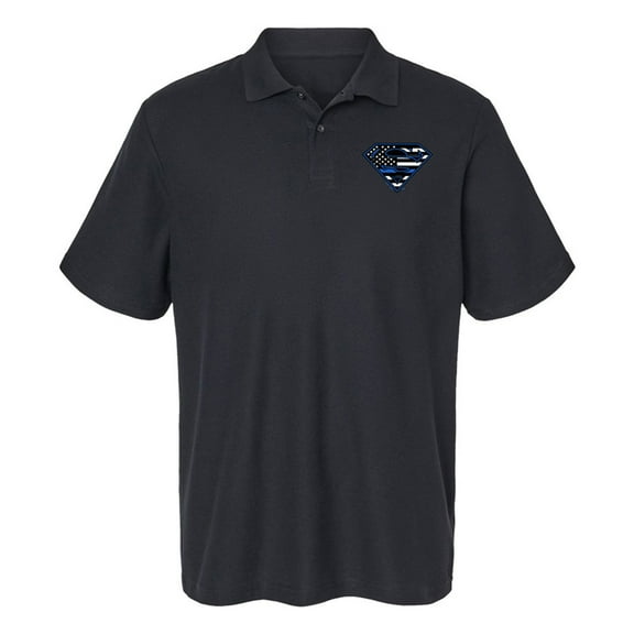 Superman Thin Blue Line Flag Shield Logo Cotton Polo Shirt, Black, Large