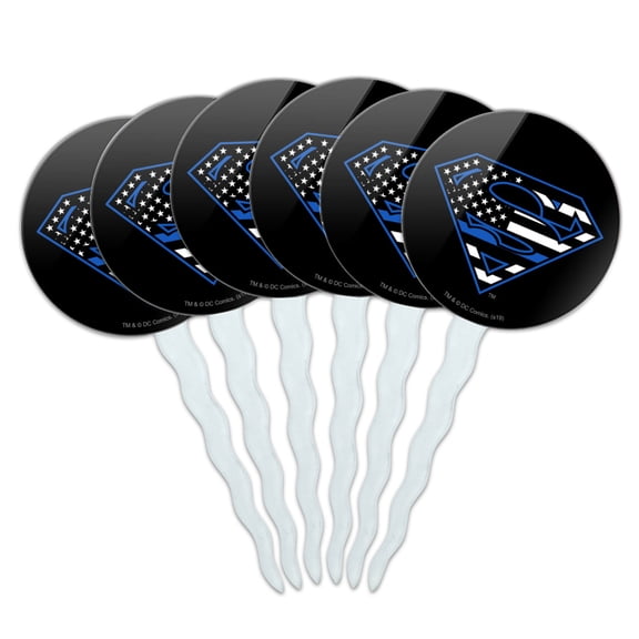Superman Thin Blue Line Flag Shield Logo Cupcake Picks Toppers Decoration Set of 6