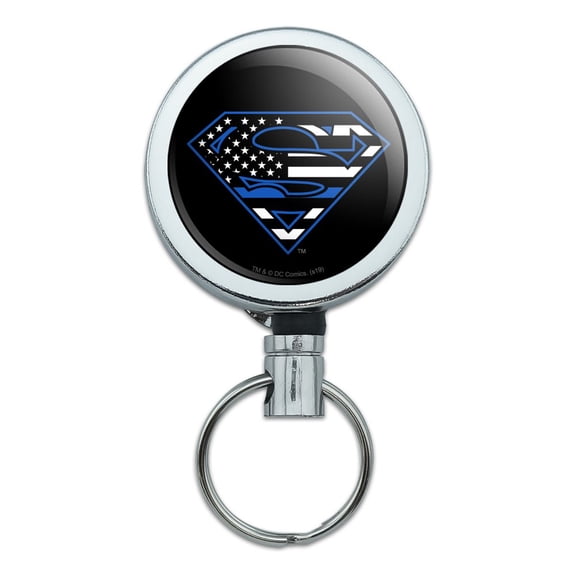 Superman Thin Blue Line Flag Shield Logo Heavy Duty Metal Retractable Reel ID Badge Key Card Tag Holder with Belt Clip
