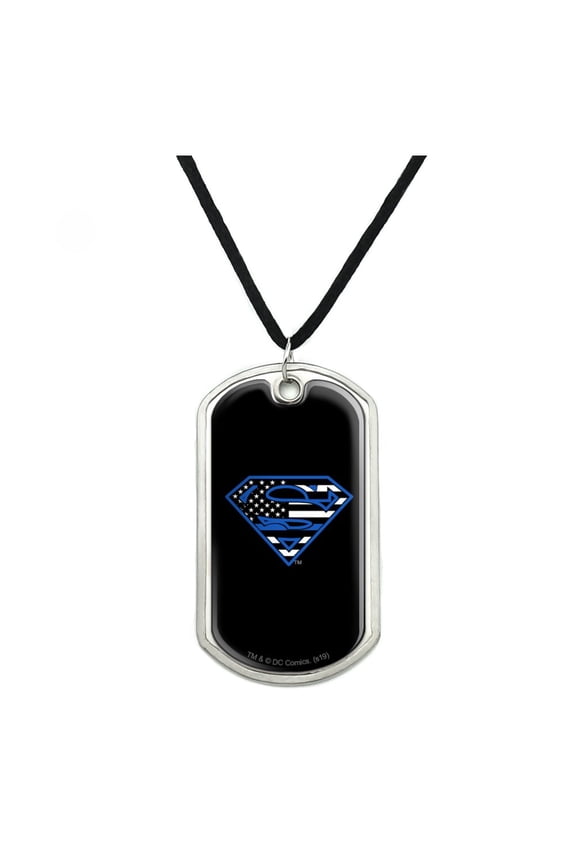 Superman Thin Blue Line Flag Shield Logo Military Dog Tag Pendant Necklace with Cord