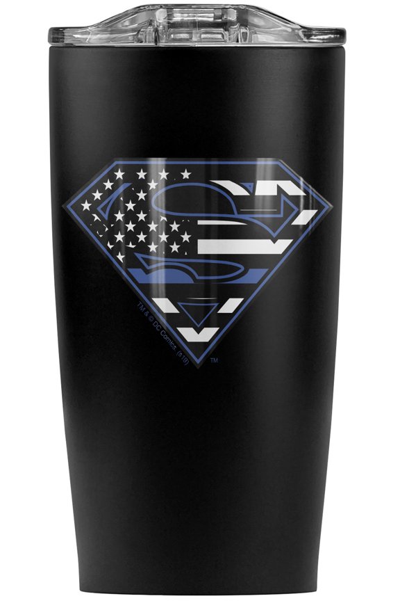 Superman Thin Blue Line Flag Shield Logo Stainless Steel 20 oz Travel Tumbler, Vacuum Insulated & Double Wall with Leakproof Sliding Lid | Great for Coffee/Hot Drinks and Cold Beverages