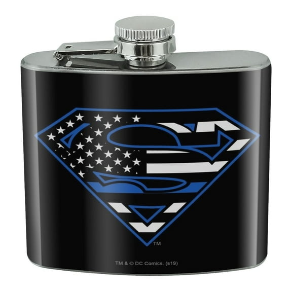 Superman Thin Blue Line Flag Shield Logo Stainless Steel 5oz Hip Drink Kidney Flask