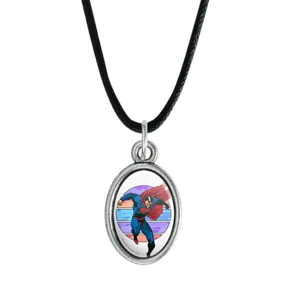 Superman Three Color Sky Antiqued Oval Charm Pendant with Black Satin Cord