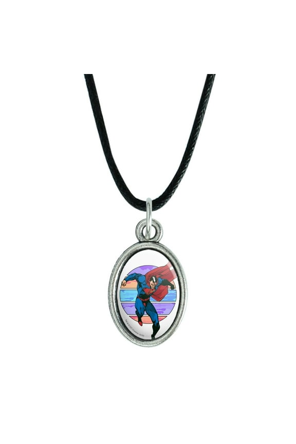 Superman Three Color Sky Antiqued Oval Charm Pendant with Black Satin Cord
