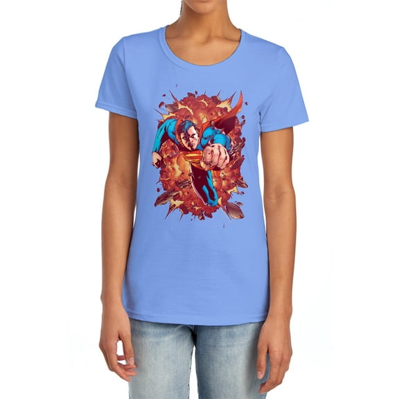 Superman Through Flame Women's T Shirt, Carolina Blue, Small