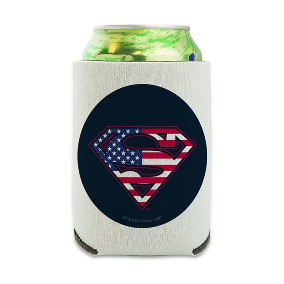 Superman USA American Flag Shield Logo Can Cooler - Drink Sleeve Hugger Collapsible Insulator - Beverage Insulated Holder