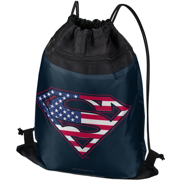 Superman USA American Flag Shield Logo Drawstring Backpack Sports Bag Sackpack 17" x 13", Perfect for Gym, Yoga or Practice