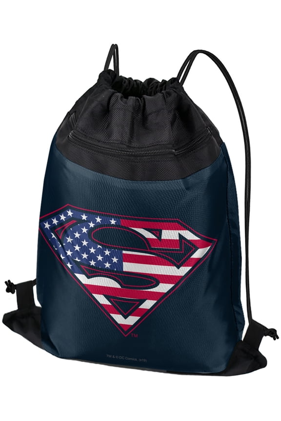 Superman USA American Flag Shield Logo Drawstring Backpack Sports Bag Sackpack 17" x 13", Perfect for Gym, Yoga or Practice