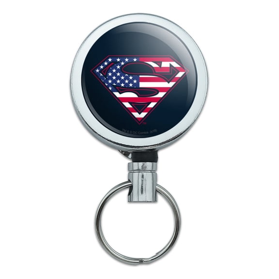 Superman USA American Flag Shield Logo Heavy Duty Metal Retractable Reel ID Badge Key Card Tag Holder with Belt Clip