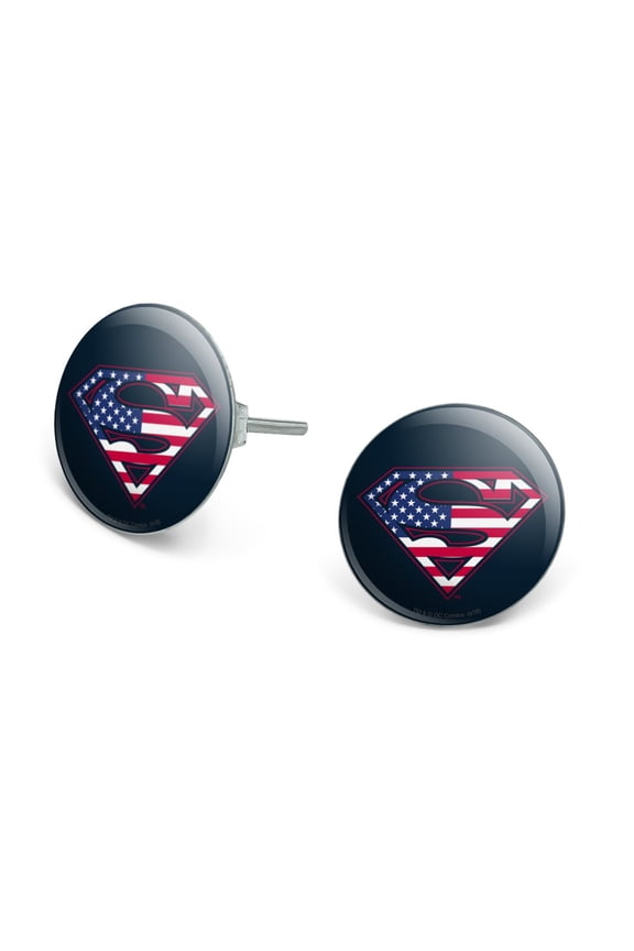 Superman USA American Flag Shield Logo Novelty Silver Plated Stud Earrings