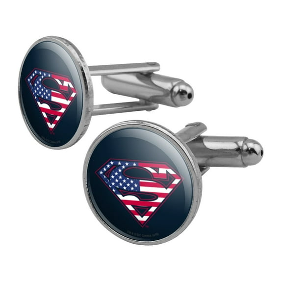 Superman USA American Flag Shield Logo Round Cufflink Set Silver Color