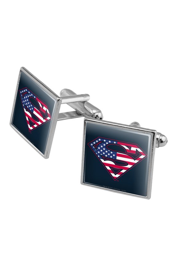 Superman USA American Flag Shield Logo Square Cufflink Set - Silver or Gold