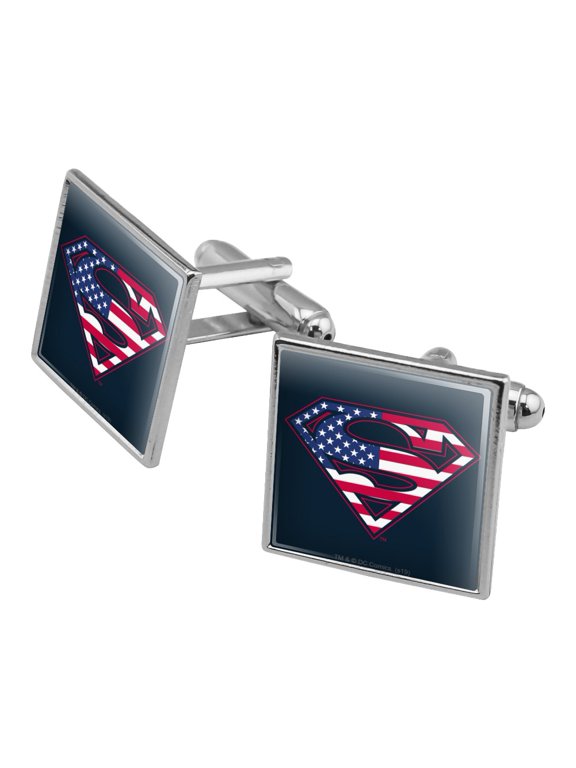 Superman USA American Flag Shield Logo Square Cufflink Set - Silver or Gold