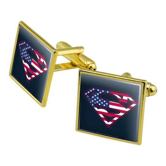 Superman USA American Flag Shield Logo Square Cufflink Set - Silver or Gold