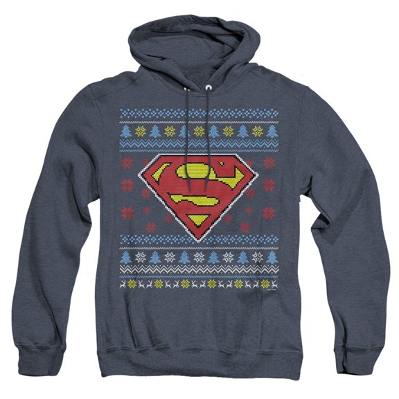 Superman Ugly Christmas Logo Unisex Adult Pull-Over Heather Hoodie,Navy, 3X-Large