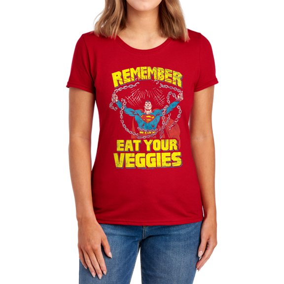Superman Veggie Power Women's T Shirt, Red, Large