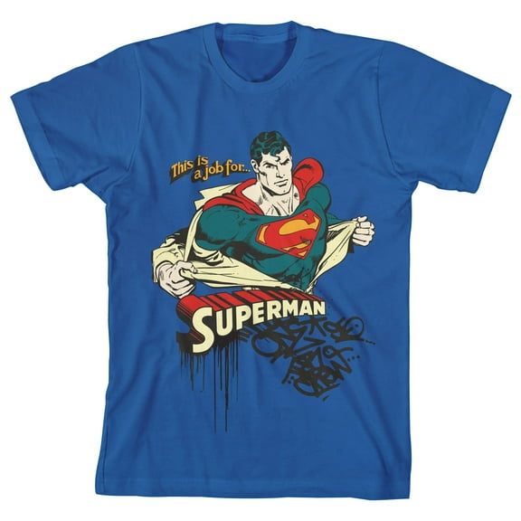 Superman Vintage Graffiti Artwork Youth Boy's Royal Blue T-Shirt-Medium