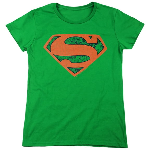 Superman Vintage Shield Collage Women's T Shirt, Kelly Green, Medium