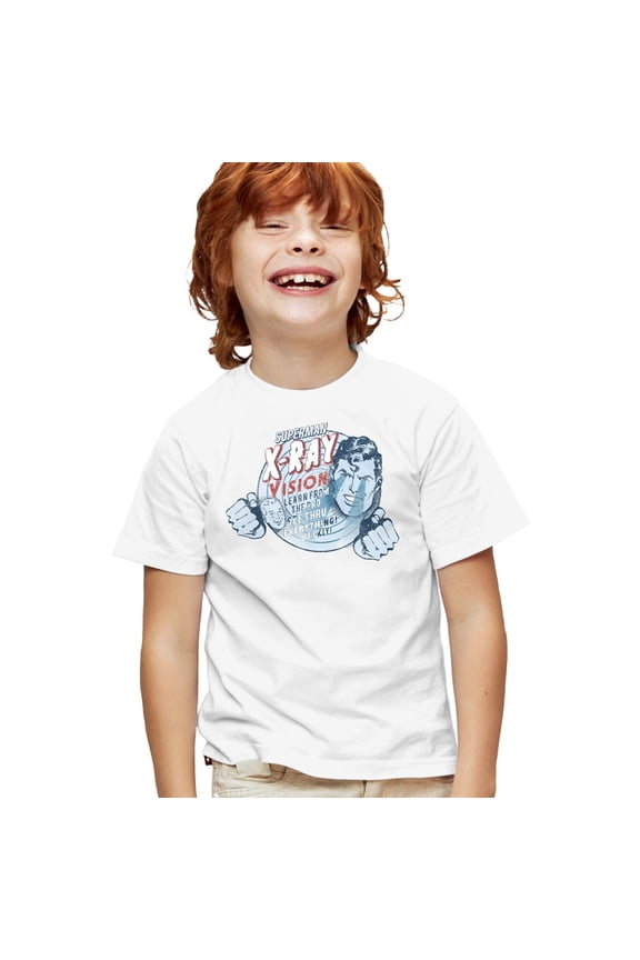 Superman Vintage X-Ray Vision Kids T Shirt for Youth Boys and Girls, White, Large