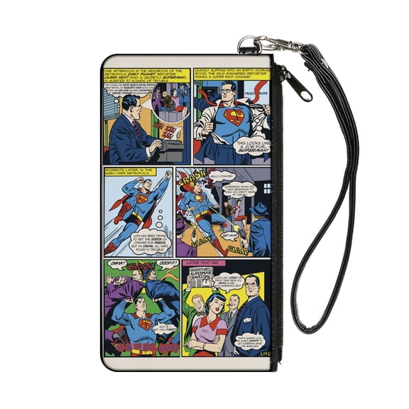 Superman Wallet, Zip Pouch, Clark Kent Retro Comic Scene Blocks, Canvas
