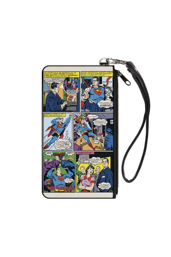 Superman Wallet, Zip Pouch, Clark Kent Retro Comic Scene Blocks, Canvas