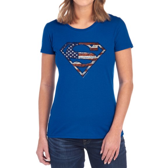 Superman Wartorn Flag Women's T Shirt, Royal, Medium