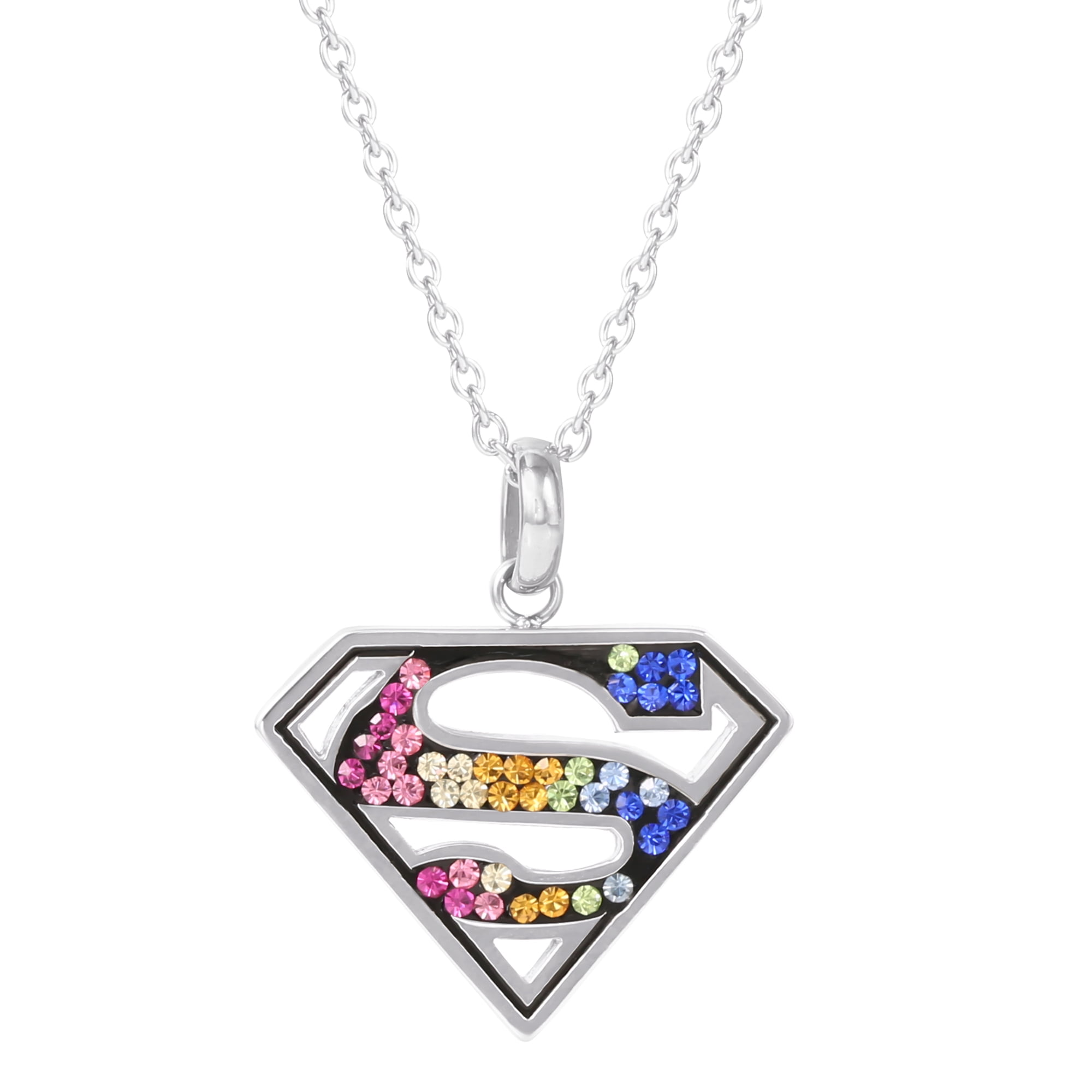 Superman Women's Rainbow Crystal Stainless Steel Emblem Necklace, 18"