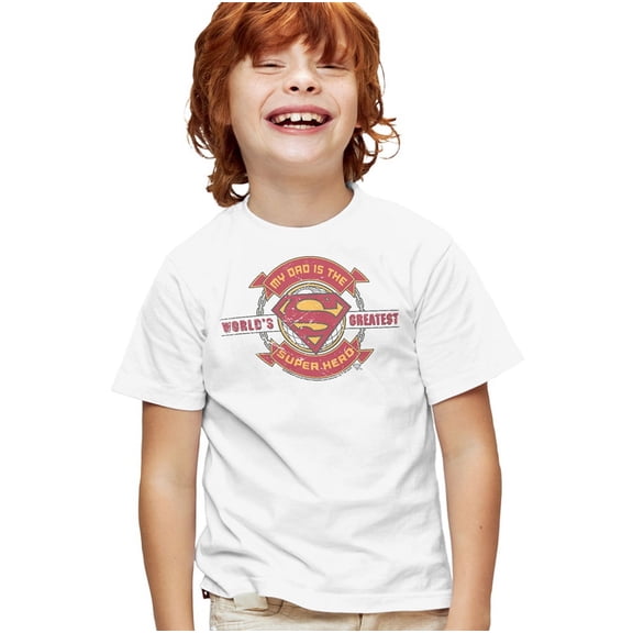 Superman Worlds Greatest Hero Dad Kids T Shirt (X-Large) for Youth Toddler Boys and Girls, White