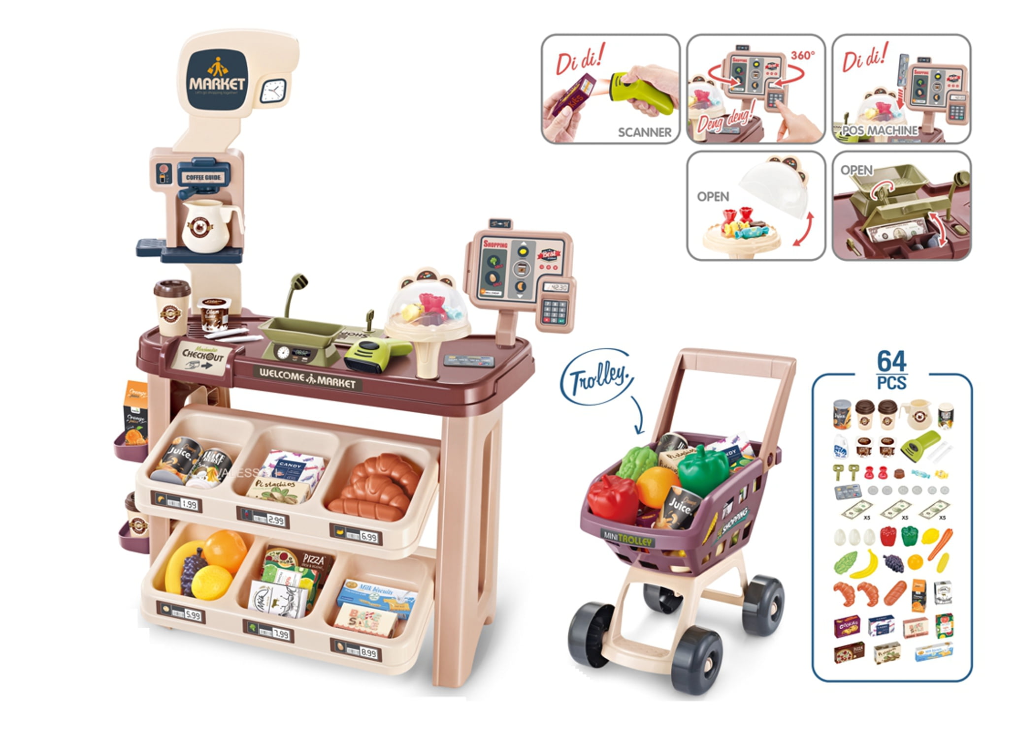 Supermarket Play Set Mundo Toys with Shopping Cart, coffee shop, 64  accessories for Kids Toddler Preschoolers