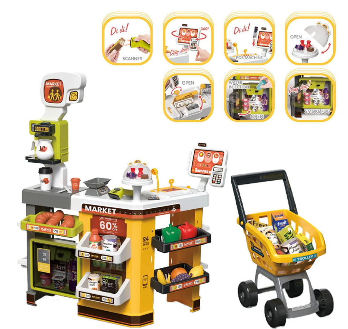 Supermarket Play Set Plastic Toy w/ Shopping Cart Coffee Shop 65 Pcs Kids Boys Girls +3 by Valessati