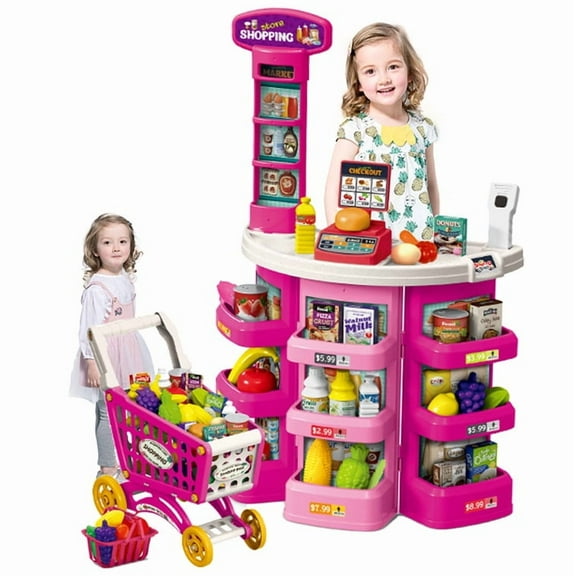 Supermarket Playset for Kids with Shopping Cart,76 Pices Pink, Pretend Play Grocery Store for Toddler +3 Year, Mundo Toys