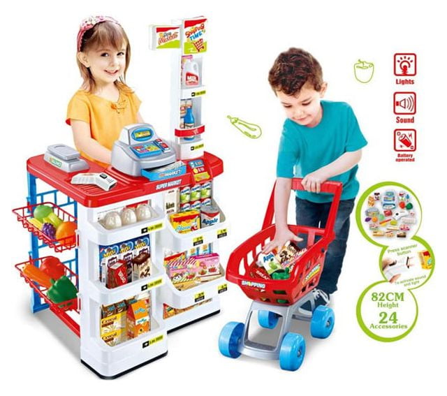 Mundo Toys Supermarket Play Set with Cash Register and Cart, 24 Pieces, Ages 3 and up