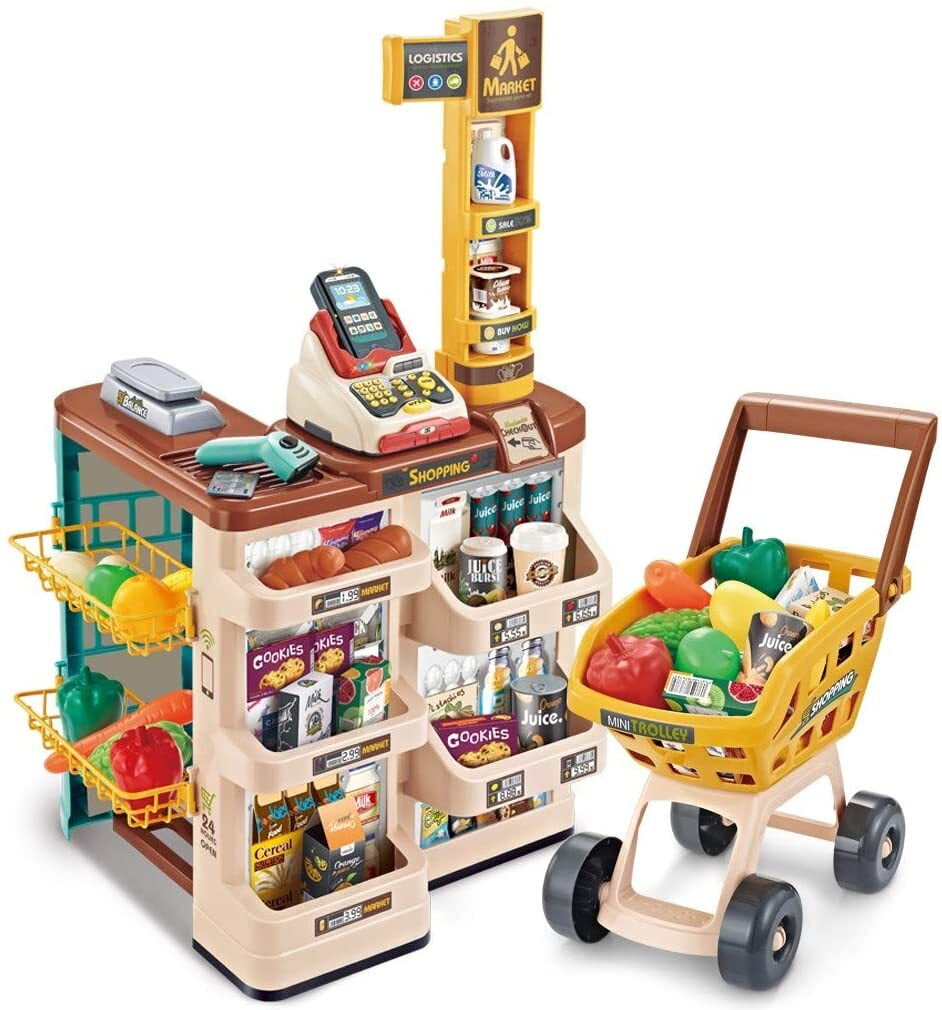 Supermarket Playset for Kids, Cash Register, Play Food 48 Pieces Grocery Superstore Shop Toy +3 Age