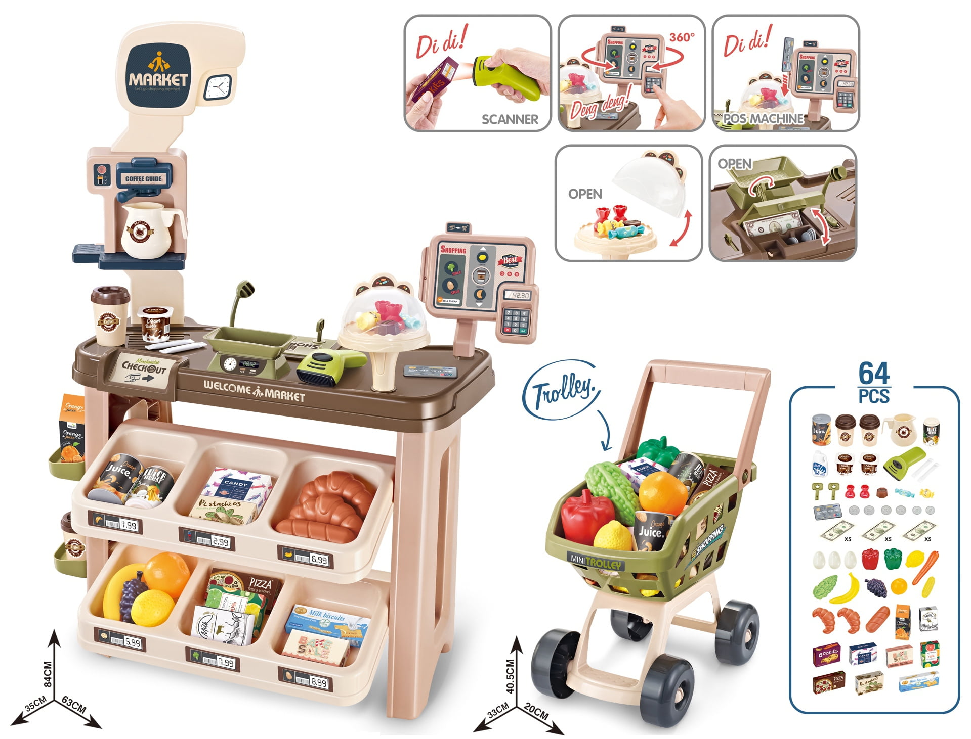 Supermarket Playset for Kids, Cash Register & Play Food 64 Pieces Grocery Toy Mundo Toys
