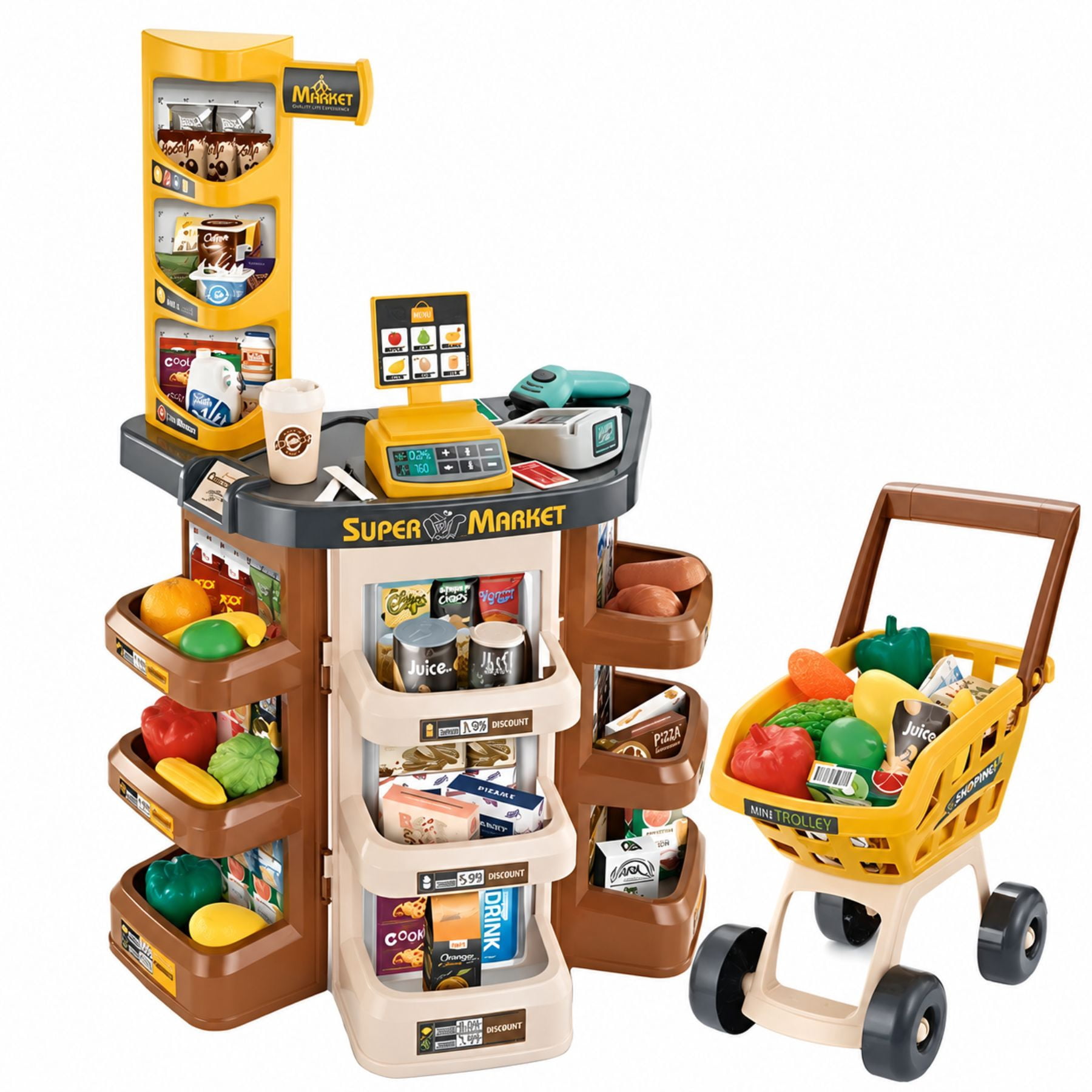 Supermarket Playset for Kids with Shopping Cart, Cash Register & Scanner, 47 Pieces