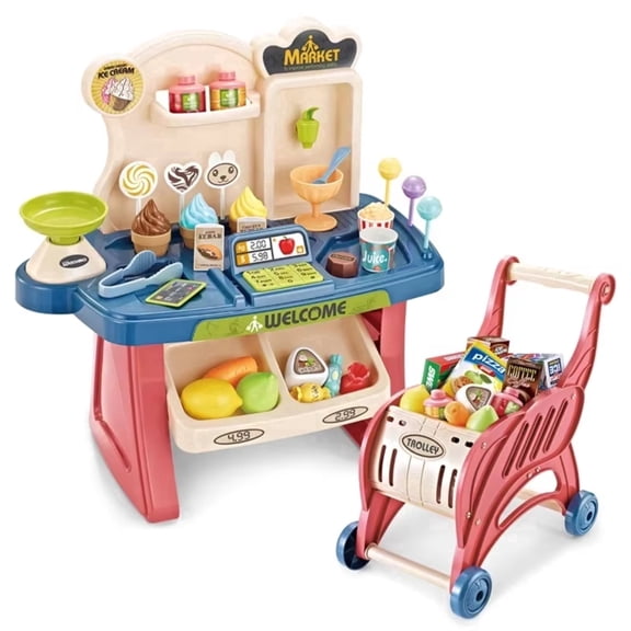 Unbranded Supermarket Playset for Toddlers, 40 Pcs Grocery Store Toy, Shopping Cart and Cash Register with Lights and Sounds, for Boys and Girls Ages 3+